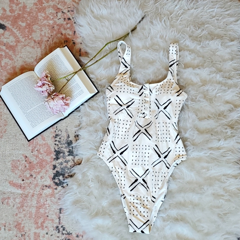 Aerie Henley One-piece Swimsuit, mudcloth print, size XS Long